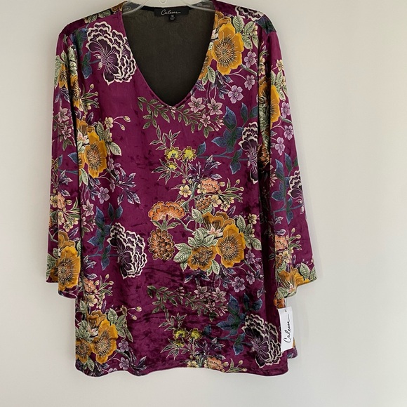 Calessa Velvet Knit Floral Print V Neck 3/4 Sleeve Tunic SZ 1X NEW - Picture 2 of 8